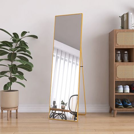 Grand miroir sur pied 162x53 cm, cadre métal doré, design minimaliste, peut être posé ou fixé au mur, pour chambre (1/5)
