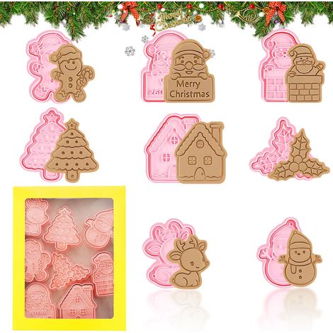 Emporte Pièces Noël 8 Pièces,Emporte-Pièces 3D,Moule Biscuits Noel,Moule Patisserie Noel, Emporte Pièce Tampon,Sapin de Noël, Père Noël pour Fondants et Biscuits, Pâtisserie, Accessoires de Cuisine (1/5)