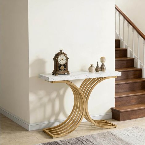 Consola de entrada 100 x 30 x 80 cm de metal y efecto mármol, dorada y blanca OKMYHOME (1/5)