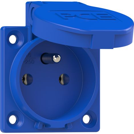 Prise de courant monophasée 250V 16A – Indice de protection IP54 – Montage sur panneau – Clapet de protection – Boîtier thermoplastique bleu – PCE (1/2)