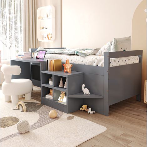 Lit 90x200 avec bureau, rangements et prises gris OKMYHOME