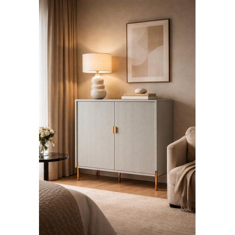 Credenza Mobile Contenitore 2 Ante Cannettate E Piedini Oro Madia Moderna con Ripiani Interni E Chiusura Soft Close Per Soggiorno Salotto E Ingresso 103.6 x 124 x 39.6 Cm Nero - Colore: Grigio
