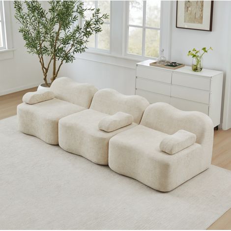 Sofá modular 3 plazas beige en terciopelo con asiento profundo y reposabrazos móvil (1/5)
