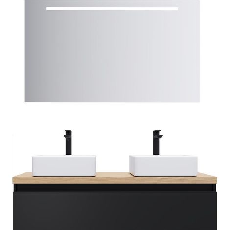 Meuble de salle de bain suspendu 2 vasques à poser 120cm 1 tiroir Noir + miroir - Hudson (1/5)