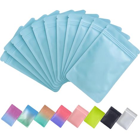 Lot de 100 Sachets Zip, Pochettes Mylar Opaques, Intérieur Aluminium, Fermeture Hermétique, Stockage Aliments, 9 x 16 cm, Bleu (1/5)