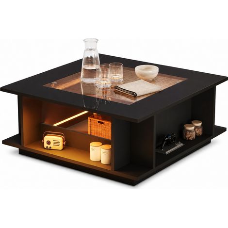 Table basse carrée 70 x 70 x 30 cm avec plateau en verre, finition brillante noire, rangement ouvert et éclairage LED USB, en panneau de particules  CHICFURN (1/5)