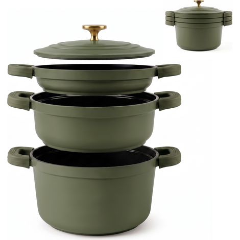 Briebe KB1208GRE Batería Cocina Inducción Apilable 4 Piezas Ø 22cm Antiadherente Cerámico sin PFOA Cacerolas Verde (1/5)