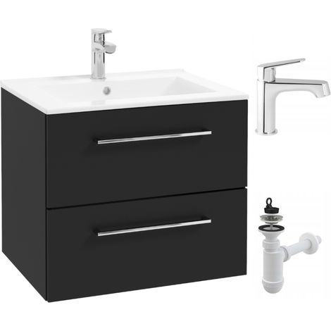 Waschtischunterschrank – Mattschwarz – 60 cm – Inkl. Armatur – Badezimmermöbel