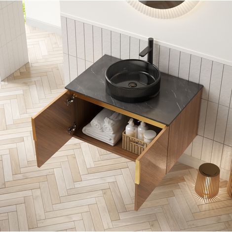 Meuble lave-mains suspendu 76 cm en contreplaqué décor chêne brun, plan en pierre frittée noire et vasque en verre noir (1/5)
