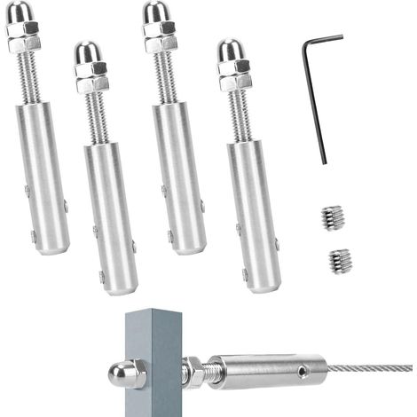 Set of 4 Stainless Steel Cable Tensioners for 5 mm Stainless Steel Cable with L-Shaped Wrench and 2 Spare Screws for Fence or Guardrail Installations (1/5)