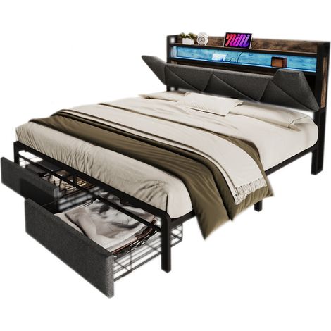 Lit coffre 140x200 avec tête de lit de rangement, LED, 3 ports USB et 1 USB-C, 2 tiroirs, matelas inclus, gris, tissu et cadre métal, CHICFURN (1/5)
