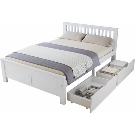 Lit double 140x200 cm avec tiroirs de rangement, cadre en bois de pin blanc, style classique minimaliste, sommier robuste et chevet à barreaux - CHICFURN (1/5)
