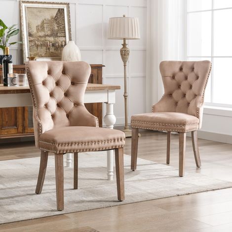 Chaise de salle à manger (chaise de cuisine, chaise de salon avec heurtoir original au dos, lot de 2), chaise rembourrée avec garniture cloutée, pieds en bois massif, revêtement en velours, marron (1/5)