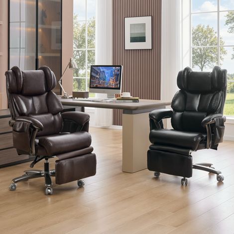 Fauteuil de bureau ergonomique XXL en cuir PU avec massage et chauffage, repose-pieds, dossier inclinable, rotatif, capacité 110 kg, couleur marron (1/5)