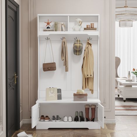 Garderobenschrank aus Spanplatte Weiß mit Sitzbank, 2 Türen, 4 Haken und 2 offenen Fächern, 101,5 x 183 cm