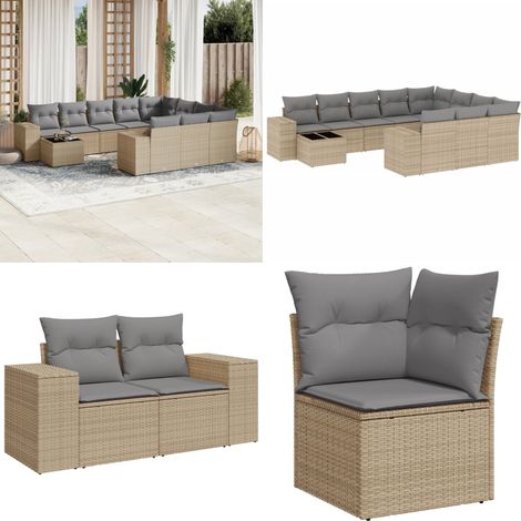 Set de sofás de jardín 11pzas con cojines ratán sintético beige - Muebles de exterior - Cojines para sofás