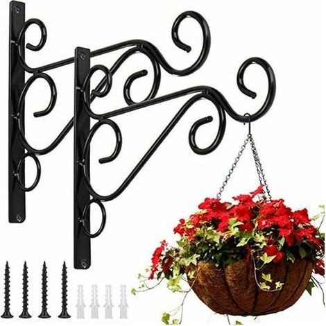 Support de panier, crochet mural en fer, cintre extérieur en métal avec vis, décoration de jardin botanique (2pcs noir 20 25CM)