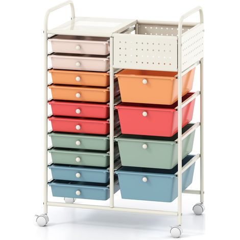 14-Drawer Rolling Storage Cart with Metal Tabletop and Pegboard-Macaron