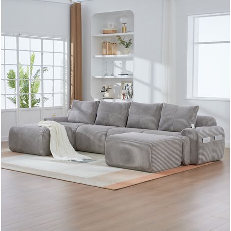 REDOM - Canapé modulable 4 places, avec porte gobelet et poche latérale, tissu corduroy, gris clair (1/5)