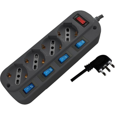 V-TAC 4-Wege-Steckdosenleiste mit Schalter, 10/16 A, 2P+T, Bipasso/Schuko, 3500 W, 1,5 m, 16 A-Stecker