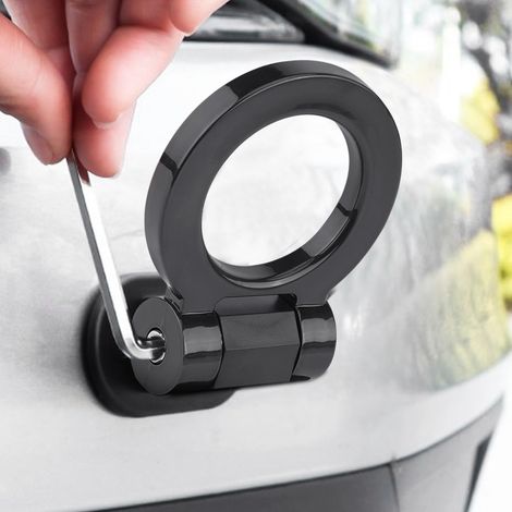 Anneau rond traction adhésif voiture tuning barres de remorquage crochet de remorque déco noir ABS 10x8cm universel avec clé (1/5)