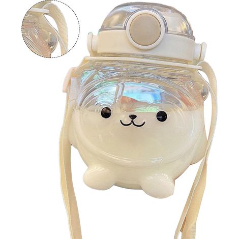 Grande gourde 1000ml oursons forme dessin animé bouteille portable avec paille sangle été blanc (1/5)