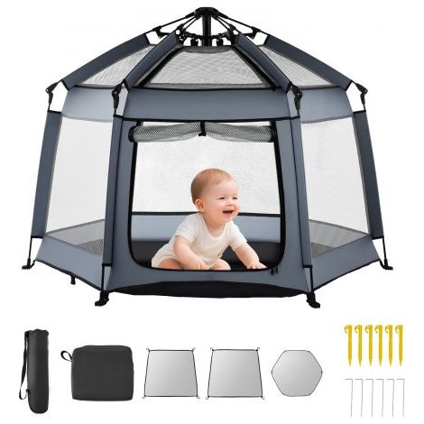 Baby Laufgitter 150x150x106 cm, Laufstall für Kleinkinder mit Baldachin, Spielstall, tragbarer Spielplatz mit LSF 50+ Sonnenschutz & Reisetasche für Zuhause, Park, Strand, faltbar & leicht (1/5)