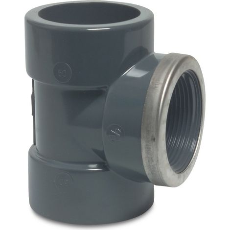 Mega T-Stück 90° PVC-U 63 mm x 2 Zoll x 63 mm Klebemuffe x Innengewinde verstärkt x Klebemuffe 16 bar, grau