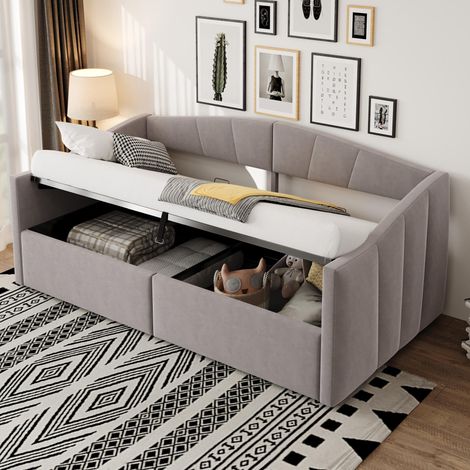 Canapé-lit rembourré 90x200cm, avec suspension hydraulique, sommier à lattes et accoudoirs, motif rayé classique, lit une place multifonctionnel, revêtement en velours doux au toucher, gris clair, ... (1/5)