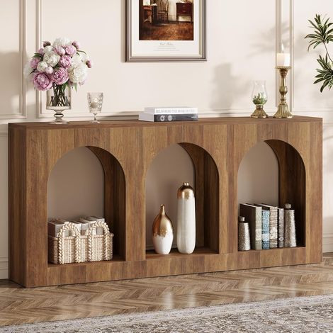 Tribesigns – Table console 160 cm en bois MDF – 3 étagères arquées – Rangement pour hall, couloir, salon – Longue et étroite, marron (1/5)