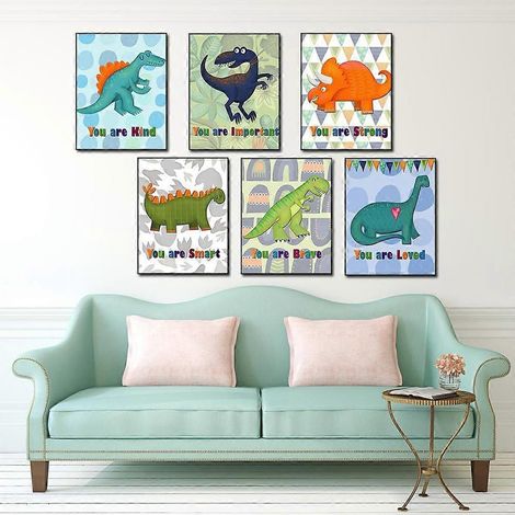 Affiche murale sur toile représentant un dinosaure de dessin animé, une peinture aquarelle simple et mignonne pour décorer le salon, la chambre, le bureau et la chambre d'enfant (lot de 1 (1/5)