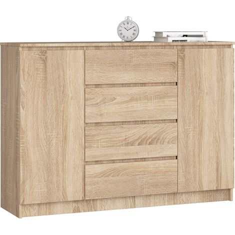 Akord – Commode enfant 138 cm – 2 portes – 4 tiroirs – Panneau stratifié – Chêne Sonoma – 4 étagères – Dimensions 138x40x99 cm