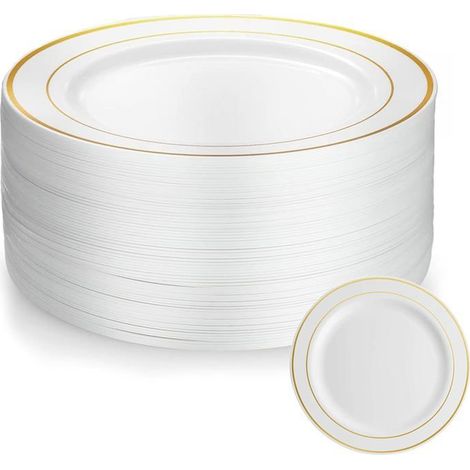 50 Pièces Assiettes En Plastique 19cm - Réutilisable - Bordure Dorée - Assiette Blanche - Pour Mariages Et Réceptions