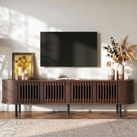 Meuble TV 178 x 39,5 x 49,5 cm - TV 75 pouces - 4 portes ajourées - passages de câbles - MDF noyer (1/5)