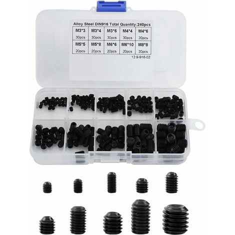 Confezione da 240 pezzi M3-M8 in lega di acciaio nero viti a testa esagonale dadi nuclei filettati punto tazza macchina assortimento kit forbici (1/5)
