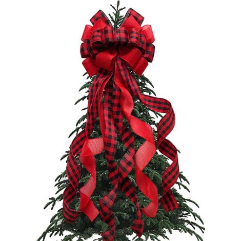 Bow - Red Black Plaid Polyester Fabric - Christmas Tree Topper - Front Door Wreath Decoration - 1 Piece (1/5)