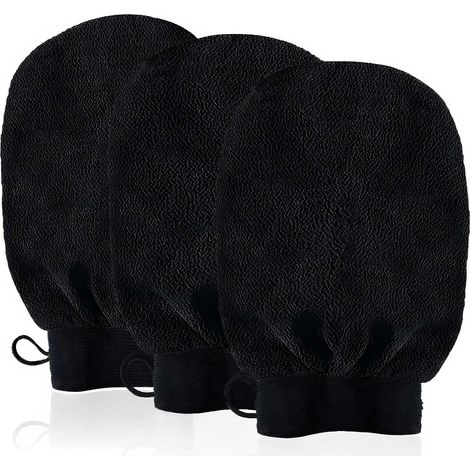 Gant Exfoliant, 3 Pcs Gant De Crin, Gant Kessa Pour Hammam, Gants de Gommage pour Hommes et Femmes, Gommage naturel Et Efficace, Élimine Les Peaux Mortes Efficacement,Noir (1/5)