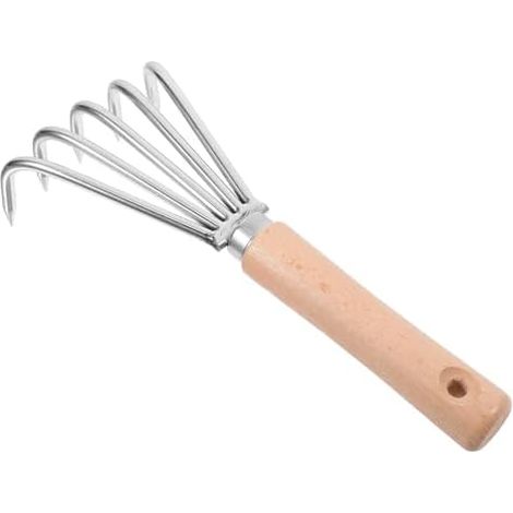 MUSISALY Râteau à main en acier inoxydable avec manche en bois, petit râteau désherbeur pour le jardin et l'ameublissement du sol, convient aux jardiniers amateurs et aux passionnés de jardinage. (1/5)