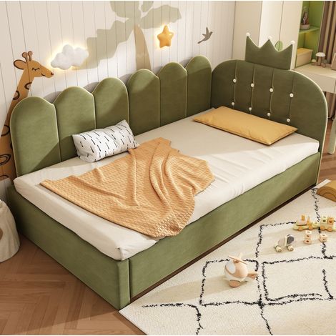 MEUBLIV Lit de jour capitonné en velours avec lit gigogne 90 x 200 cm et couchage 90 x 190 cm design couronne et grille forme L réversible vert pour chambre enfant et chambre d amis (1/5)