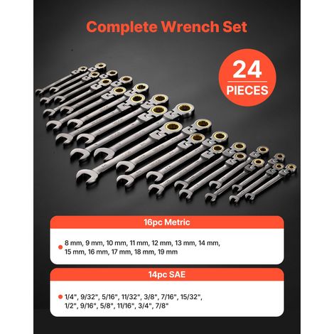 Jeu de Clés Mixtes 24PCs, Clé Plate à Cliquet Flexible SAE et Métrique, pour Réparation Domestique et Automobile Atelier, Extrémité… (1/5)