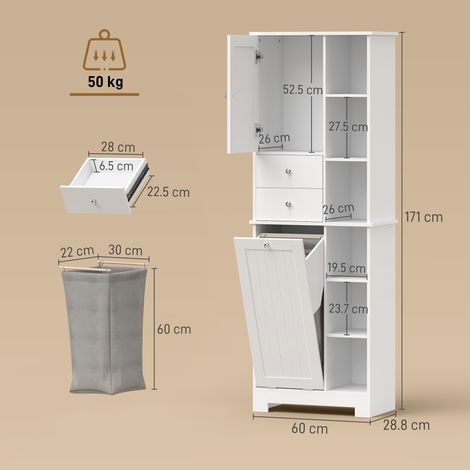 Meuble de salle de bain blanc, panier à linge incliné, tiroirs (1/5)