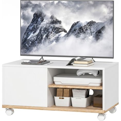 Meuble TV sur roulettes avec freins, blanc et chêne, avec placard et étagère réglable (1/5)