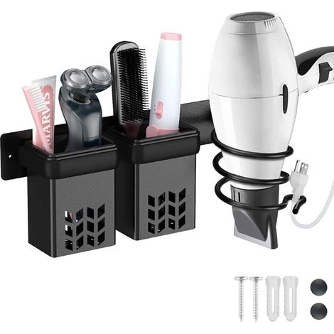 Porte Sèche Cheveux,Support Seche Cheveux et Support de Lisseur en Aluminium Rangement et Range-Câbles,Support Multifonctionnel pour Salle de Bain Hôtel Organisateur Mural avec Dual Trous (1/5)