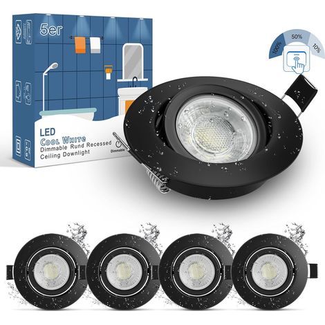 Set of 5 Recessed Dimmable LED Spotlights IP44 Black 7W 6000K Adjustable Bathroom (1/5)