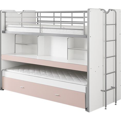 BAYMAX - Lits Superposés Gigognes 90x200cm Rose + Bureau Coulissant (1/4)