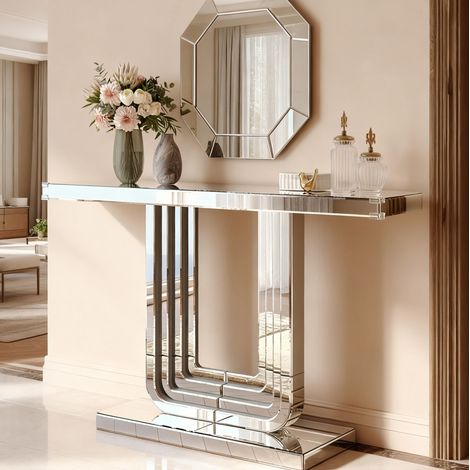 Table console en verre miroir et MDF 120 cm argent, style glamour avec base en U (1/5)