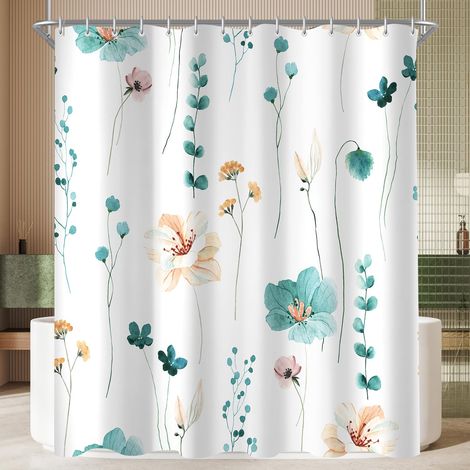 Rideau de douche 120x200 cm Bleu Vert Fleur, Ourlet lesté Anti-moisissure, Repousse l'eau, Lavable en Polyester Rideaux de bain avec 8 œillets et anneaux de rideau pour salle de bain (1/5)