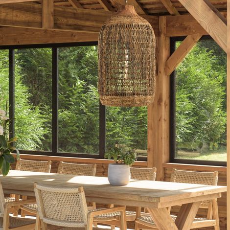 SIXTINE - Suspension 50x50cm en bois de teck recyclé et rotin beige (1/5)