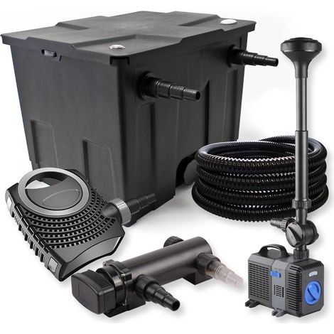 SunSun Kit complet: CBF-350 Filtre de bassin jusqu'à 12000 L, CTF-8000 pompe de filtration 8000l/h 70W, CUV-318 lampe uv 18W, 25m Tuyau 25 mm, CTP-2803 fontaine 3000l/h 10W