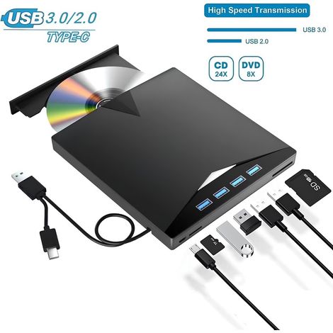 Lecteur Graveur DVD Externe 7-en-1 USB 3.0 & Type-C - Lecteur de Carte SD/TF - Compatible Windows 11/10/8/7, Mac, Linux (1/5)
